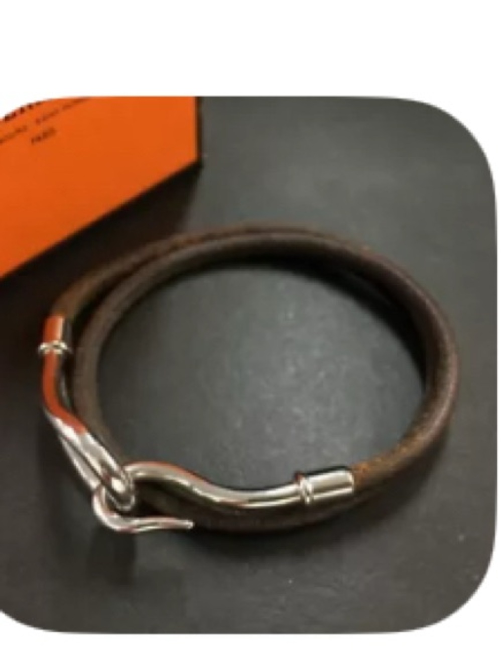 Hermes Brown Leather Double Wrap Bracelet with Silver Hook Clasp
